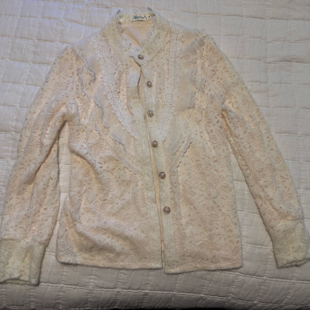 Cream Lace Button-Up Cardigan